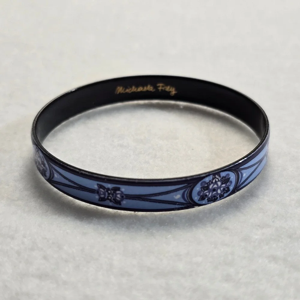 Michaela Frey Vintage Blue Floral Enamel Bangle Bracelet Austria 7.5 Inch